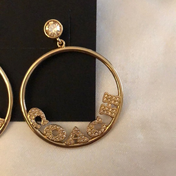 Coach Gold Tone Signature Frontal Logo Hoop Earrings Crystal Accents NWT - Picture 6 of 14